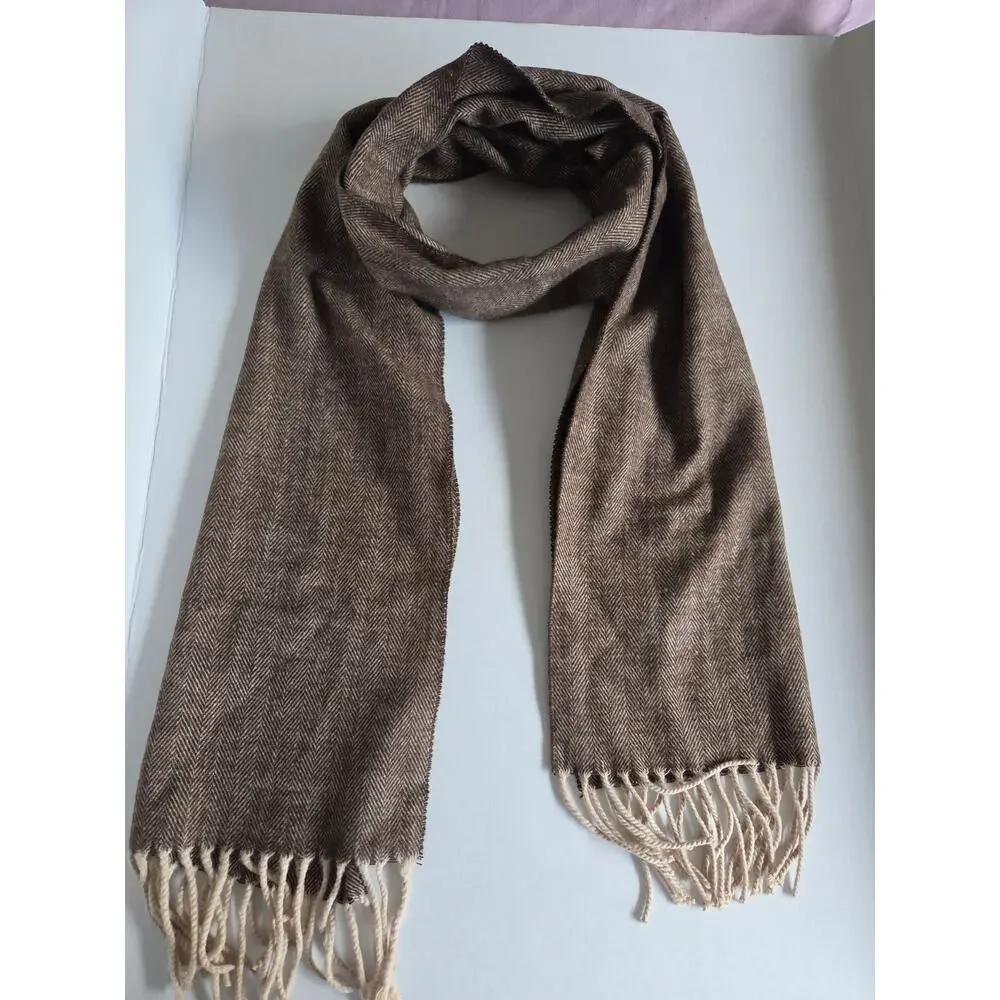 100% Cashmere Herringbone Scarf Brown Made in Scotland 67” Classic Fringe